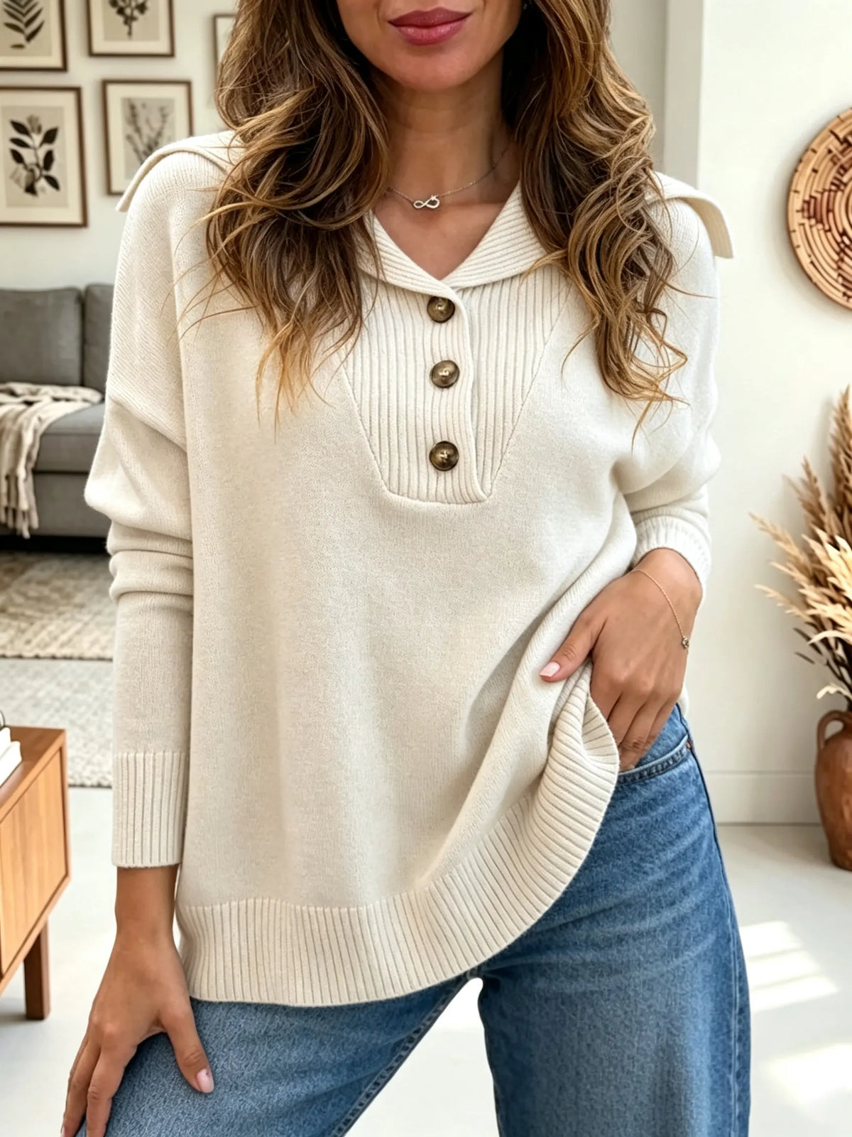 Women's Sailor Collar Henley Pullover Sweater