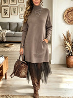 Women's Mock Neck Asymmetrical Tulle Hem Sweater Dress