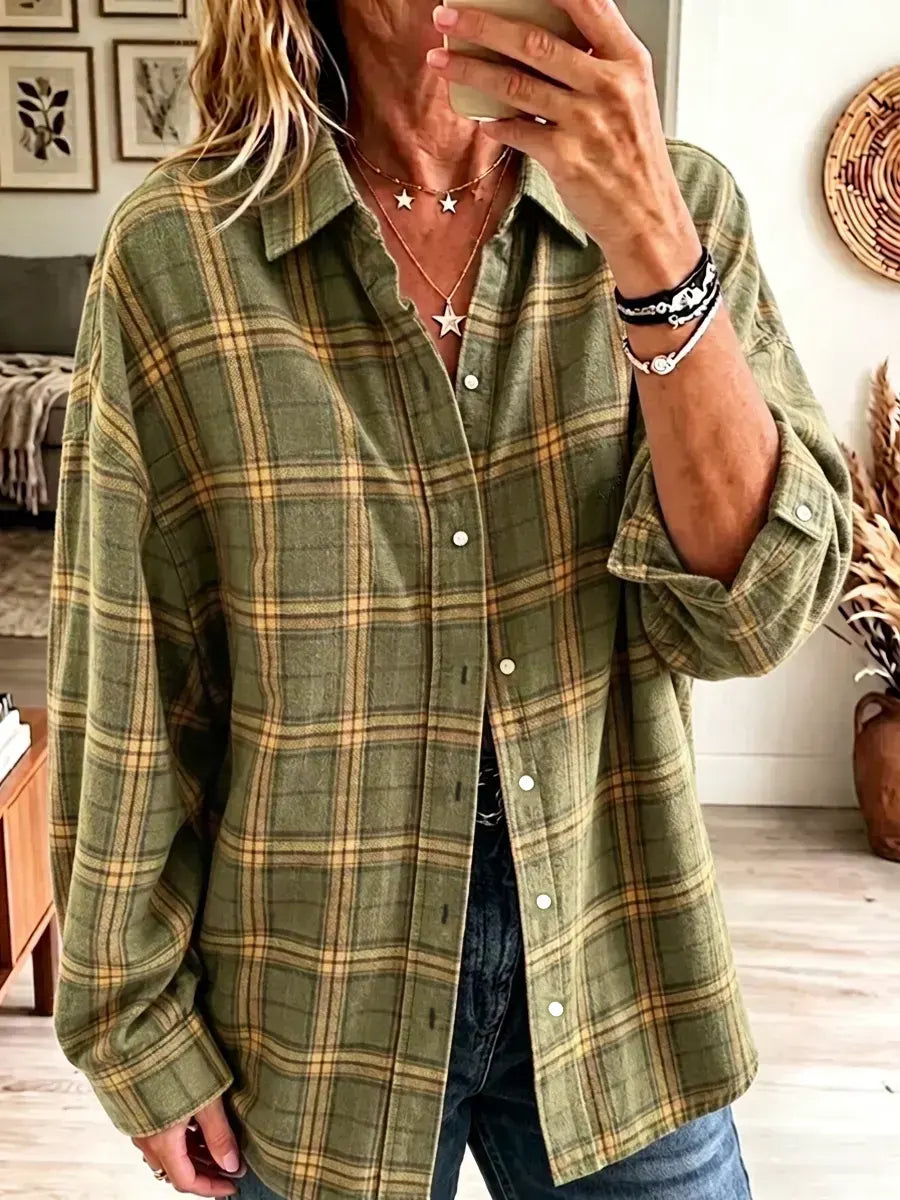 Retro Plaid Pattern Art Print Casual Stylish Long Sleeve Cotton Linen Shirt