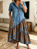Women's Denim Leopard Patchwork Asymmetrical Tiered Maxi Dress With Pockets