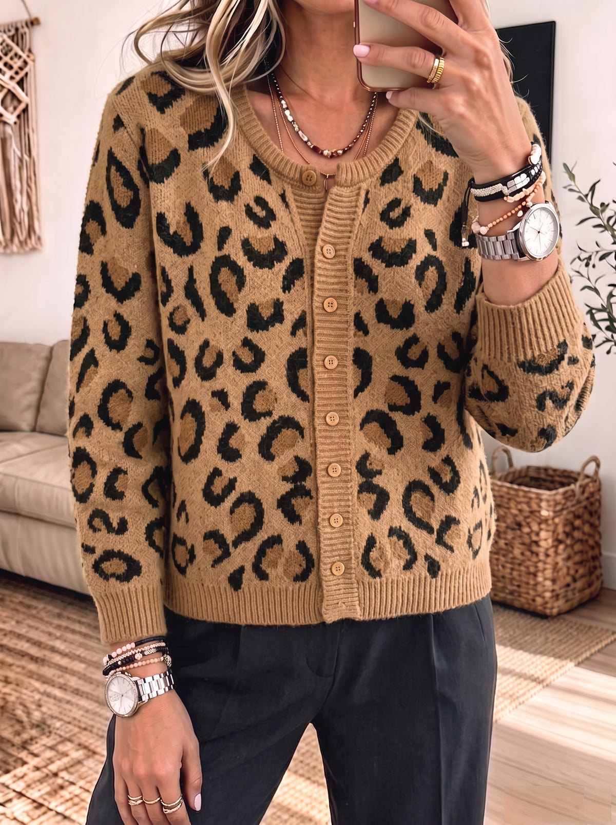 Leopard Print Round Neck Button‑front Long Sleeve Knit Cardigan