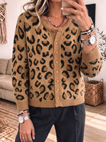 Leopard Print Round Neck Button‑front Long Sleeve Knit Cardigan