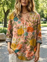 Women's Retro Floral Pattern Art Print Casual Long Sleeve Linen Shirt