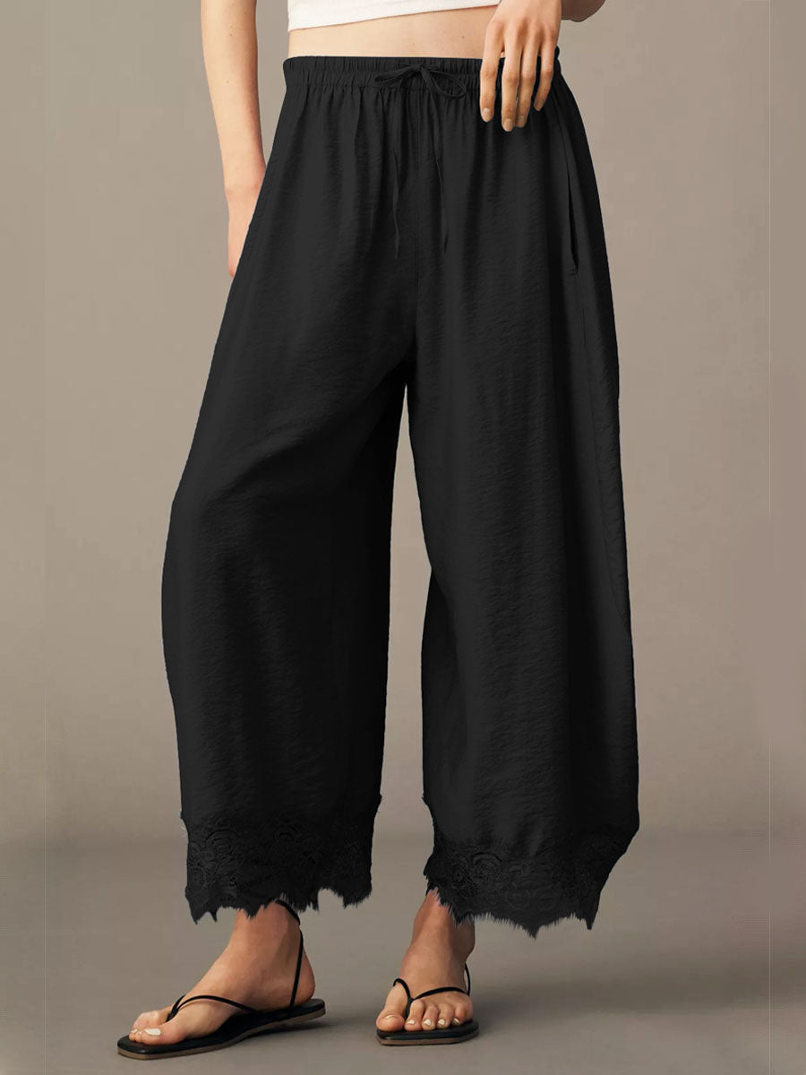 Women's Solid Color Lace Stylish Art Casaul Ice Silk Wide Leg Pants