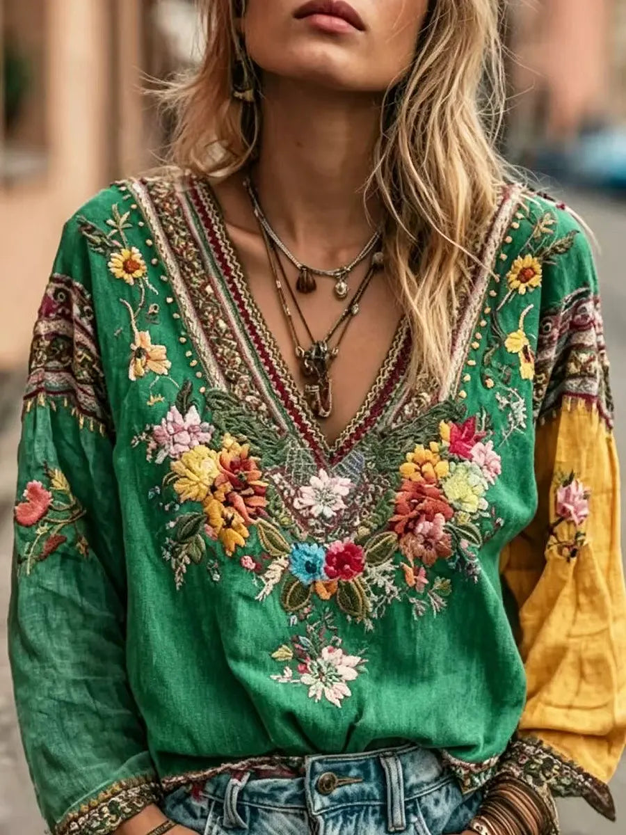 Retro Floral Embroidery Art Casual Stylish Long Sleeve Cotton Linen Shirt