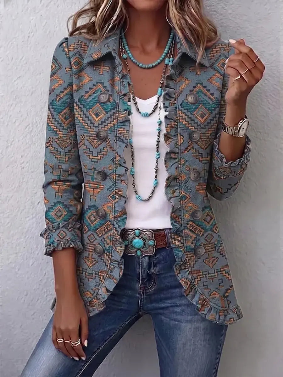 Retro Ethnic Pattern Art Print Ruffle Casual Stylish Cotton Lapel Coat