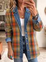 Retro Plaid Pattern Art Casual Denim Patchwork Stylish Long Sleeve Coat