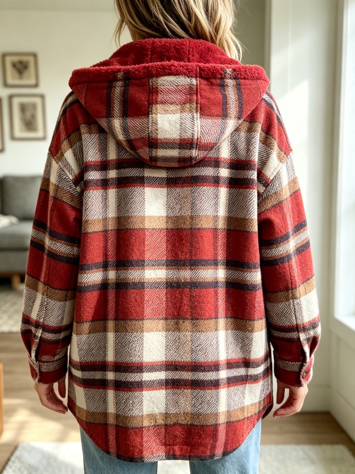 Women's Plaid Button-Down Hooded Shacke
