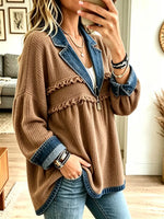 Women's Retro Denim Knit Patchwork Collared Top