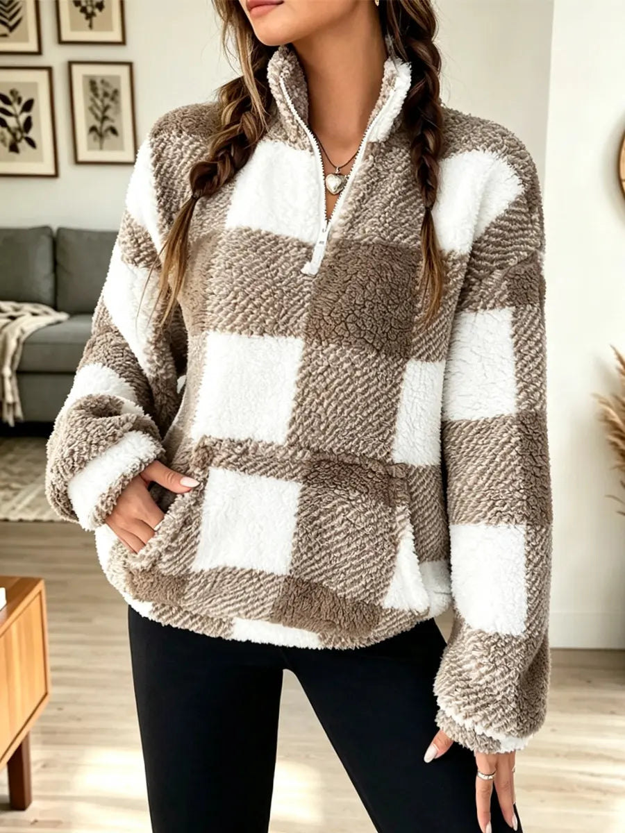 Retro Plaid Pattern Art Casual Stylish Long Sleeve Plush Top