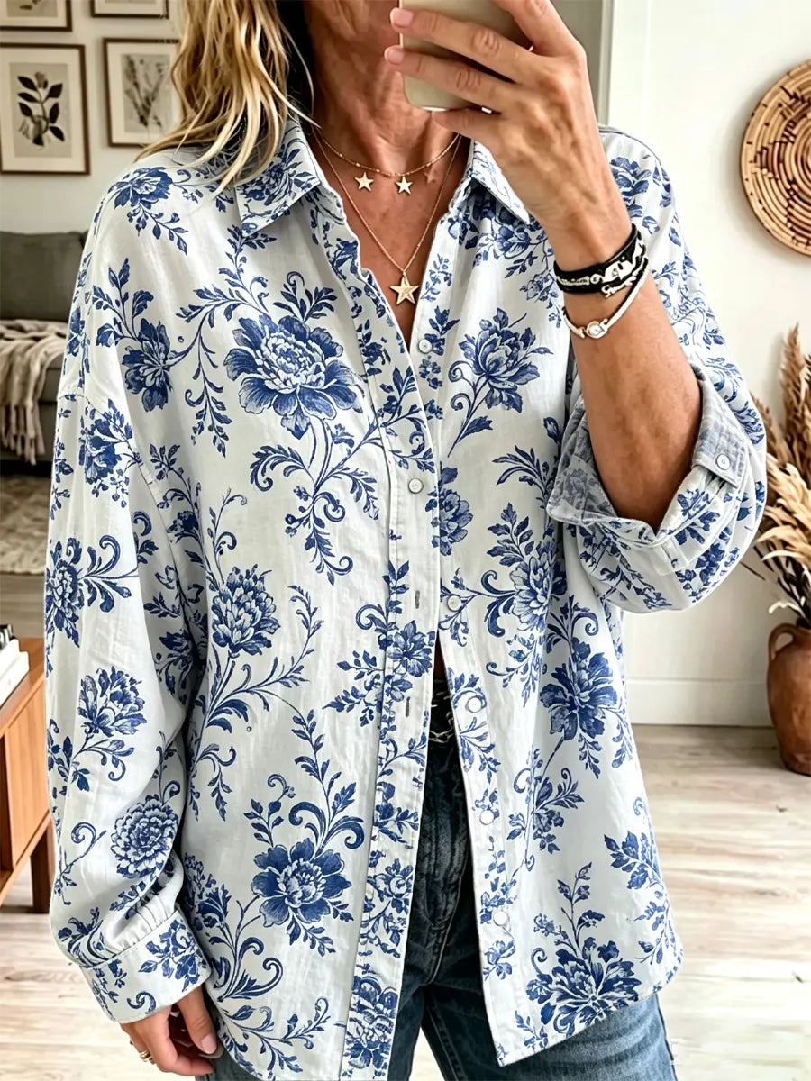 Retro Floral Pattern Art Print Casual Stylish Long Sleeve Cotton Linen Shirt