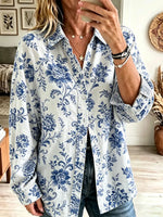 Retro Floral Pattern Art Print Casual Stylish Long Sleeve Cotton Linen Shirt