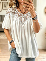 Vintage Elegant Cotton And Linen Patchwork Hollowed-out Lace Puff Sleeves Shirt