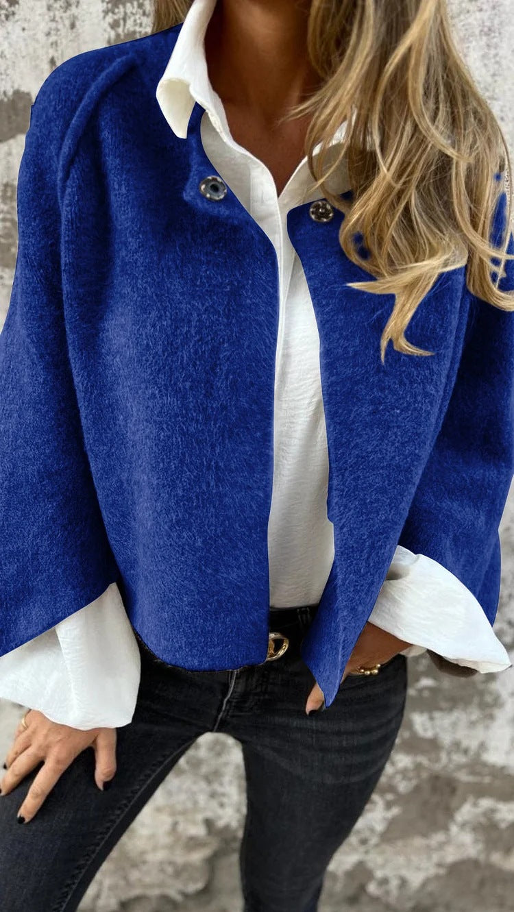 Stand Collar Snap Button Cropped Wool Blend Jacket Casual Short Coat
