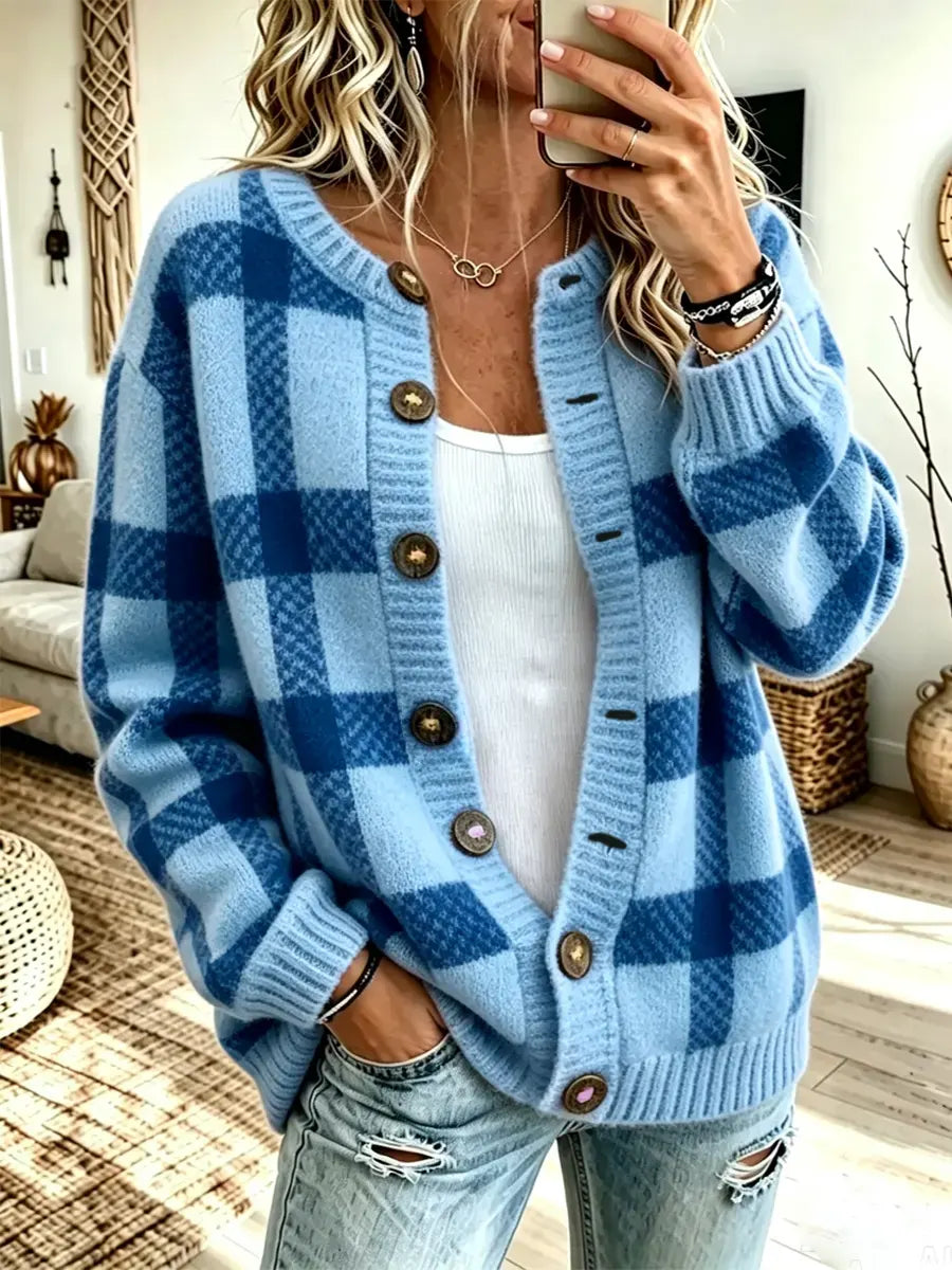 Vintage Chic Plaid Pattern Knit Art Casual Stylish Long Sleeve Cardigan Sweater