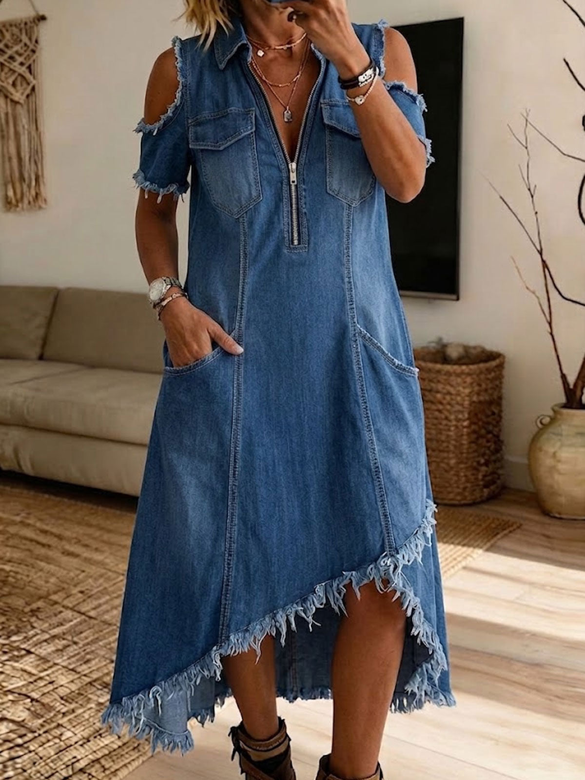 Women's Cold Shoulder Fringed Asymmetrical Hem Denim Midi Dress With Pockets