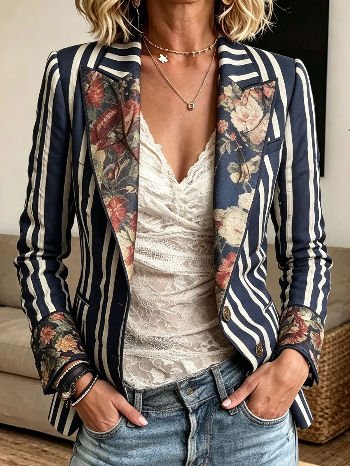Striped Blazer With Floral Print Lapel Cuffs, Women Vintage Open‑Front Suit Jacket