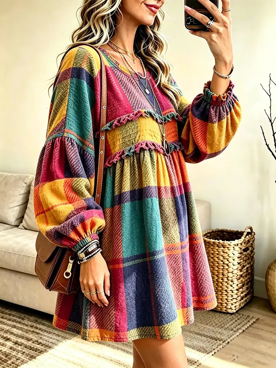 Women's Colorful Plaid Long Sleeve Mini Dress