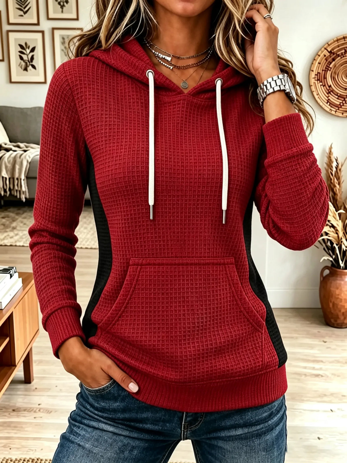 Women's Colorblock Kangaroo Pocket Waffle Knit Hoodie