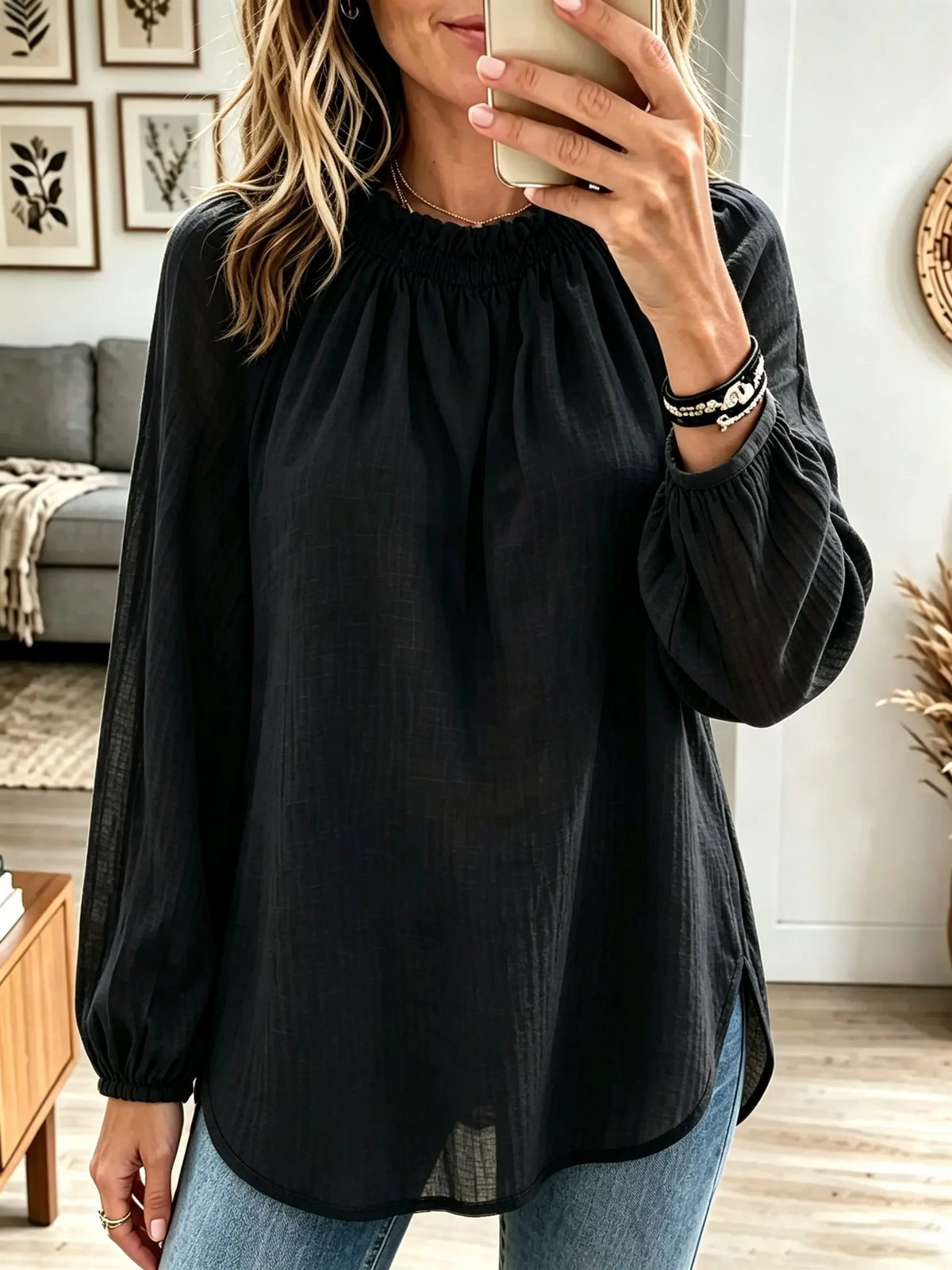 Women's Ruffled High Neck Balloon Sleeve Blouse
