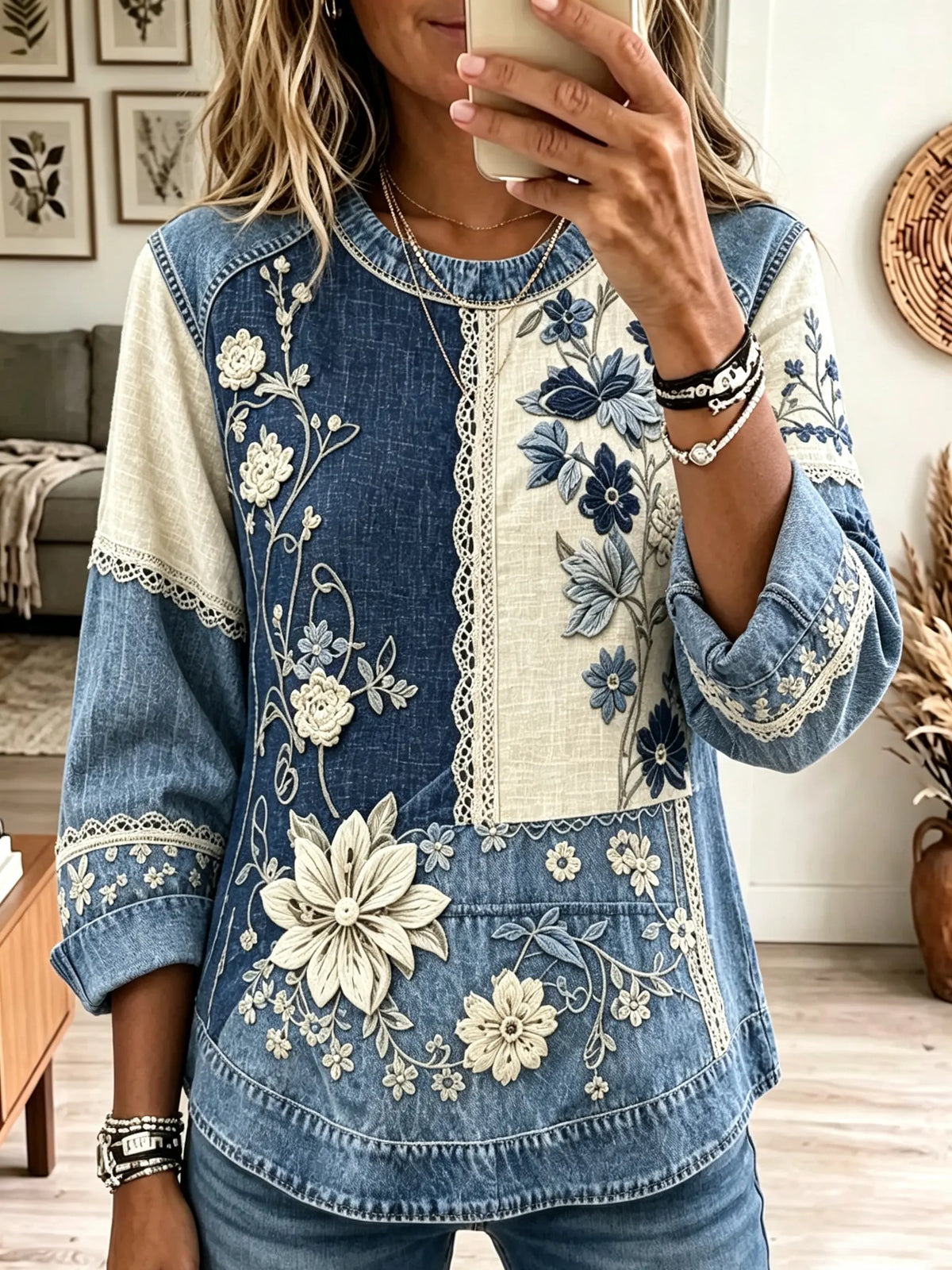 Women's Floral Denim Patchwork Top