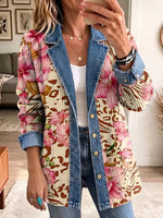 Retro Floral Leopard Pattern Art Casual Denim Patchwork Stylish Long Sleeve Coat