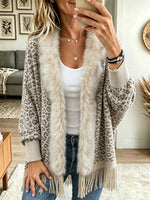 Women's Leopard Faux Fur Collar Fringe Cardigan