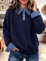 Women's Navy Blue Knit Pullover Sweater with Contrast Denim Collar and Cuffs