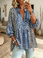 Women's Blue Leopard & Zebra Patchwork Print Stand Collar Bubble Sleeve Blouse