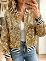 Women Multicolor Sequin Bomber Jacket Zip‑Up Long Sleeve Ribbed Collar Party Coat