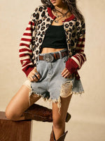 Retro Leopard Stripe Art Casual Stylish Long Sleeve Knitted Cardigan Sweater