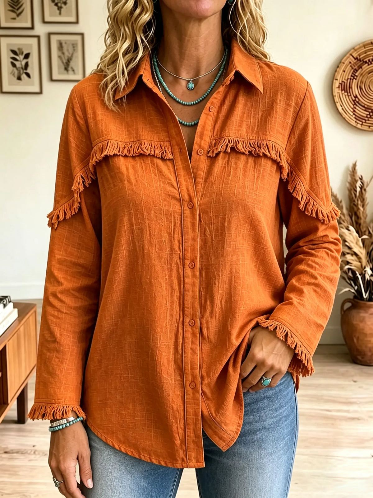 Women's Fringe Trim Button-Down Shirt