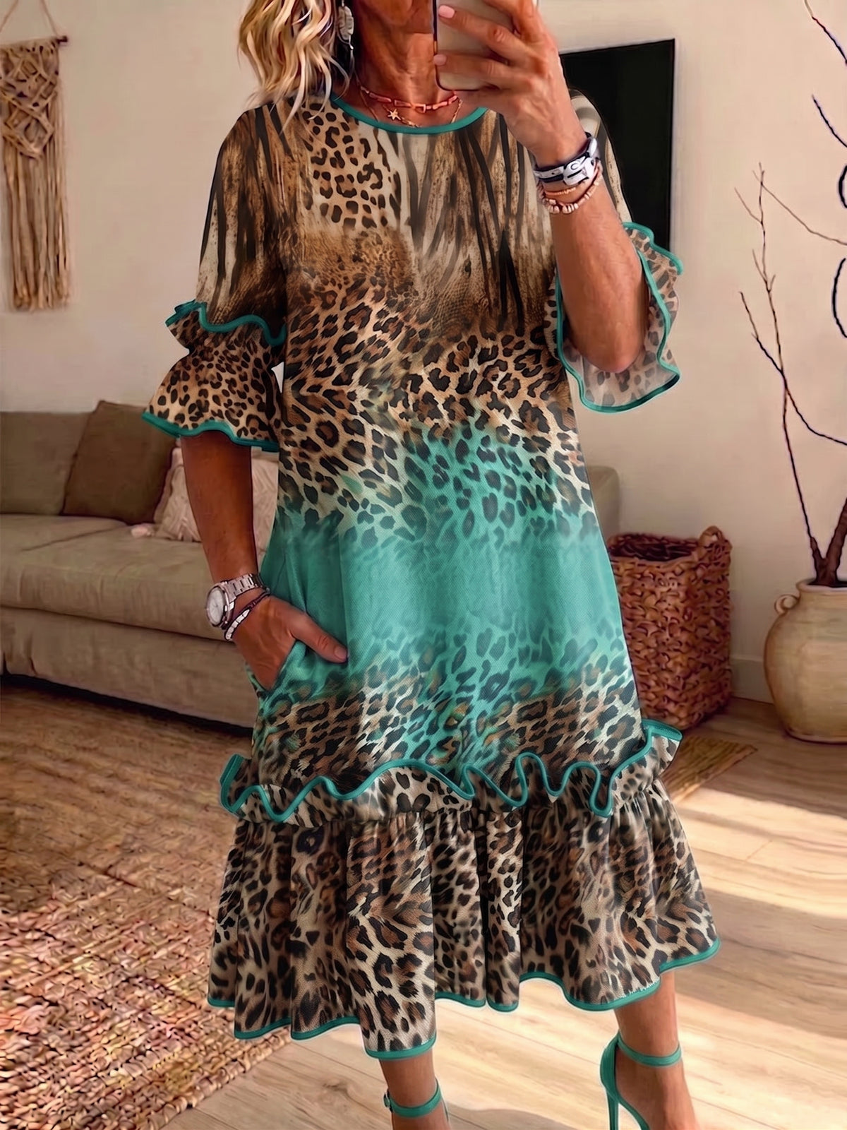 Women Ombre Leopard Print Ruffle Midi Dress Loose Flared Sleeve Dress With Pockets