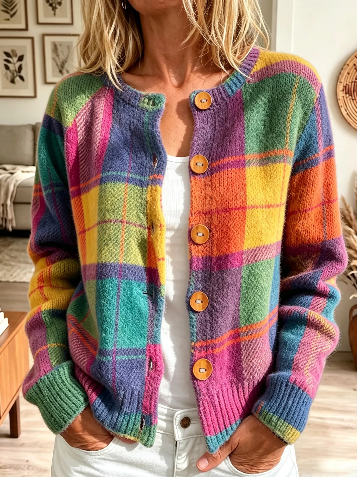 Women's Rainbow Plaid Button-Front Cardigan