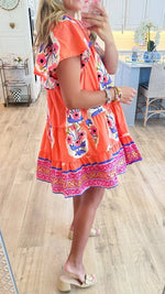 Bohemian Floral Print Smocked Short Sleeve Tiered Mini Dress