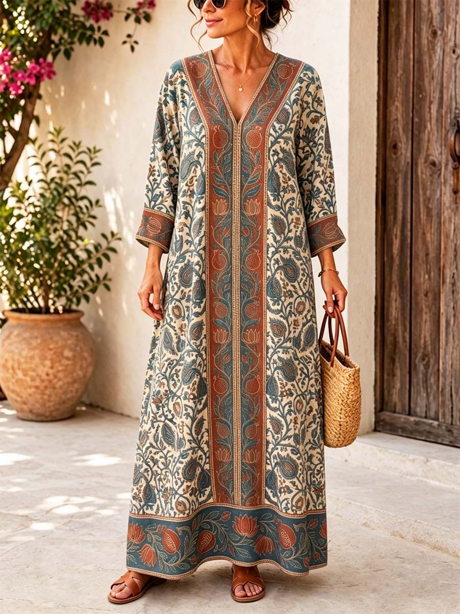 Retro Ethnic Floral Pattern Art Print Casual V-neck Cotton Linen Maxi Dress