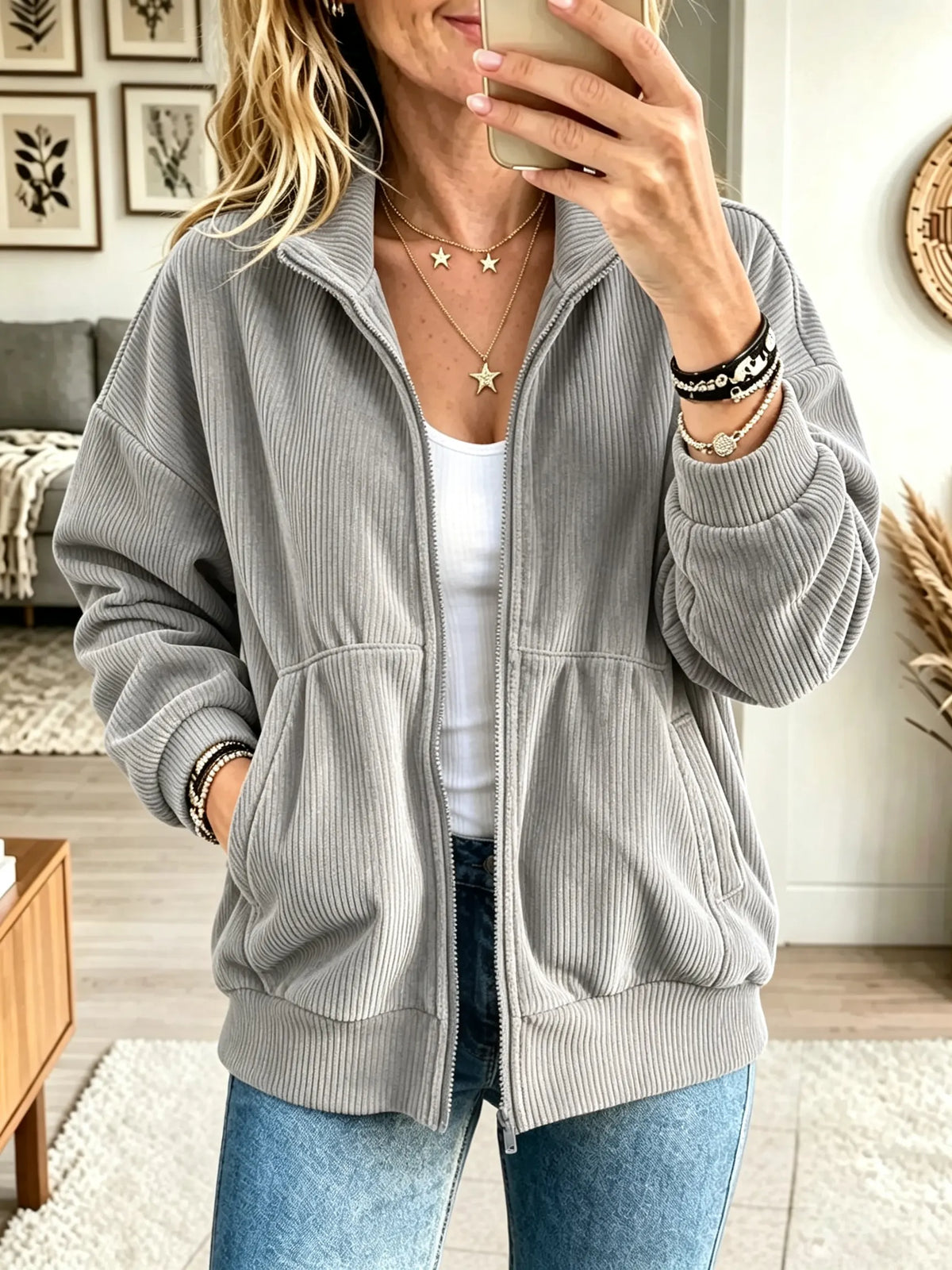 Women's Full-Zip Ribbed Knit Bomber Jacket