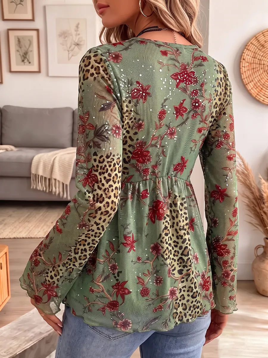 Vintage Elegant Flowers Leopard Print Sheer Mesh Shirt