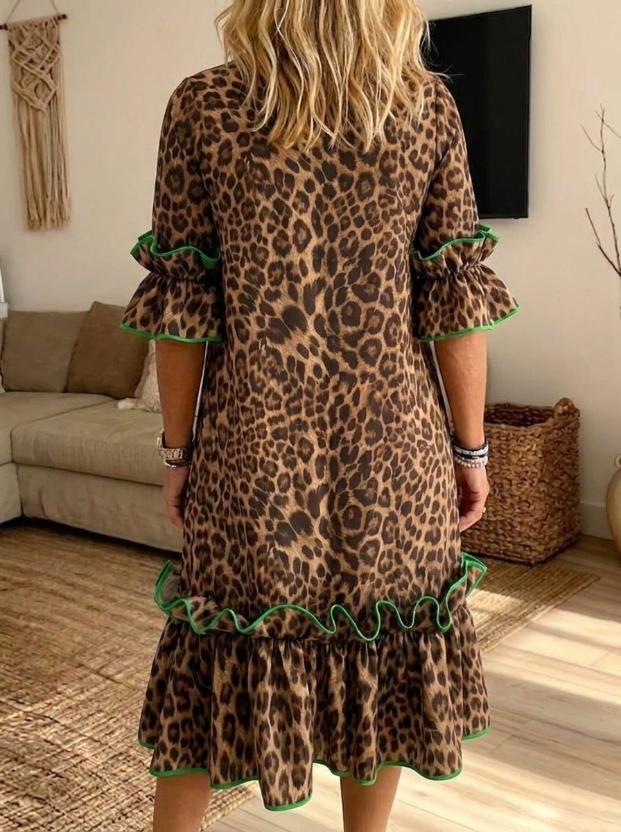 Women's Leopard Print Green Trim Ruffle Midi Dress With Pockets