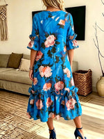 Retro Floral Pattern Art Print Casual Ruffle Stylish Cotton Linen Dress
