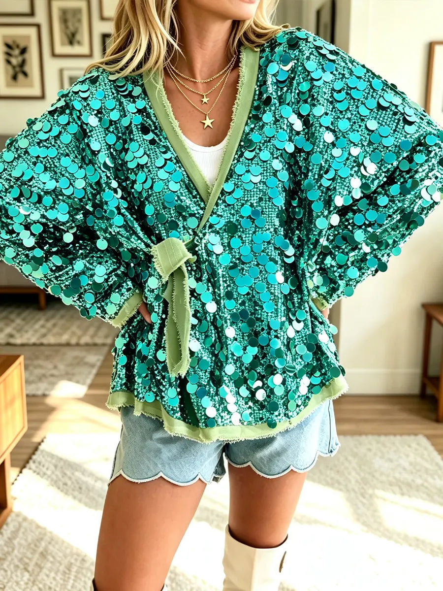Women's Fashionable Casual Sequin Tie-Up Coat