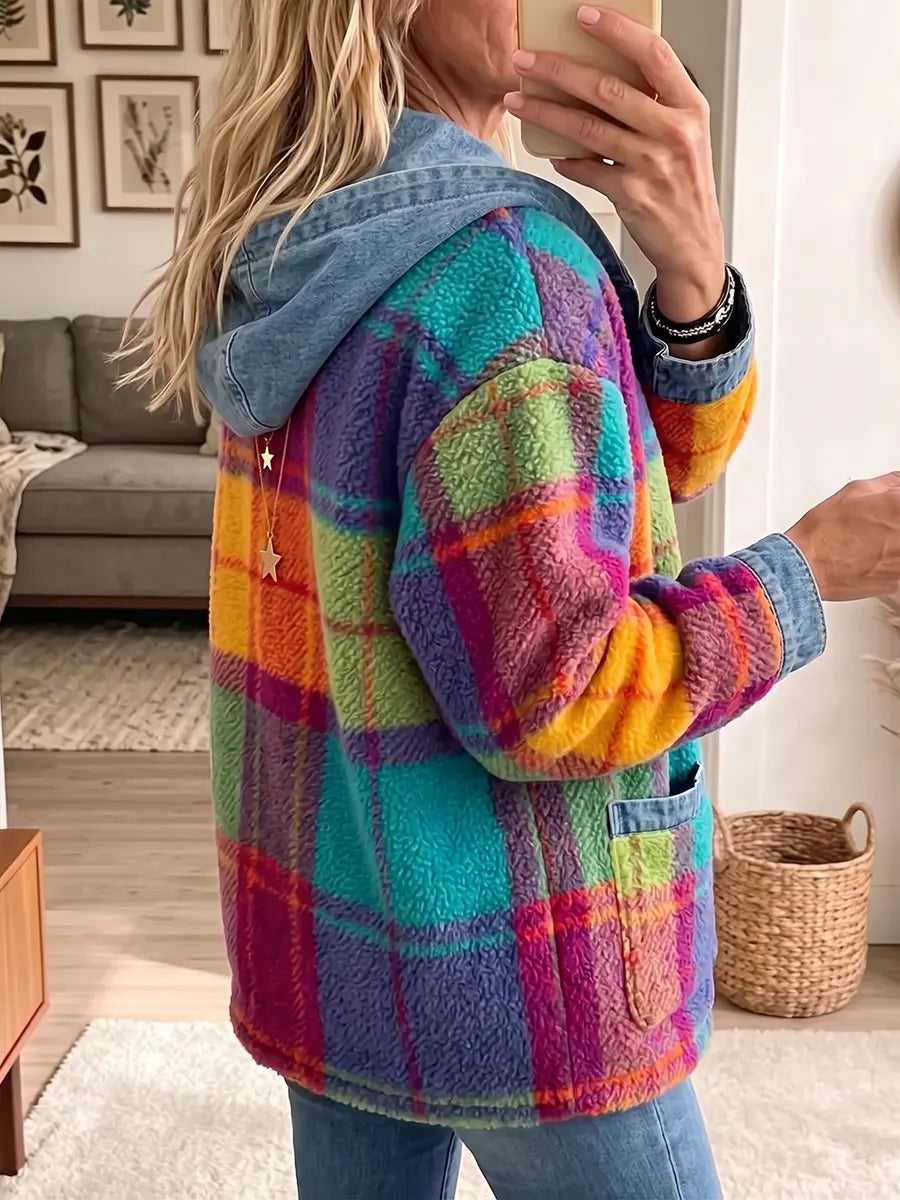 Vintage Elegant Denim Patchwork Plaid Hood Jacket