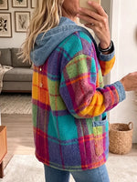 Vintage Elegant Denim Patchwork Plaid Hood Jacket
