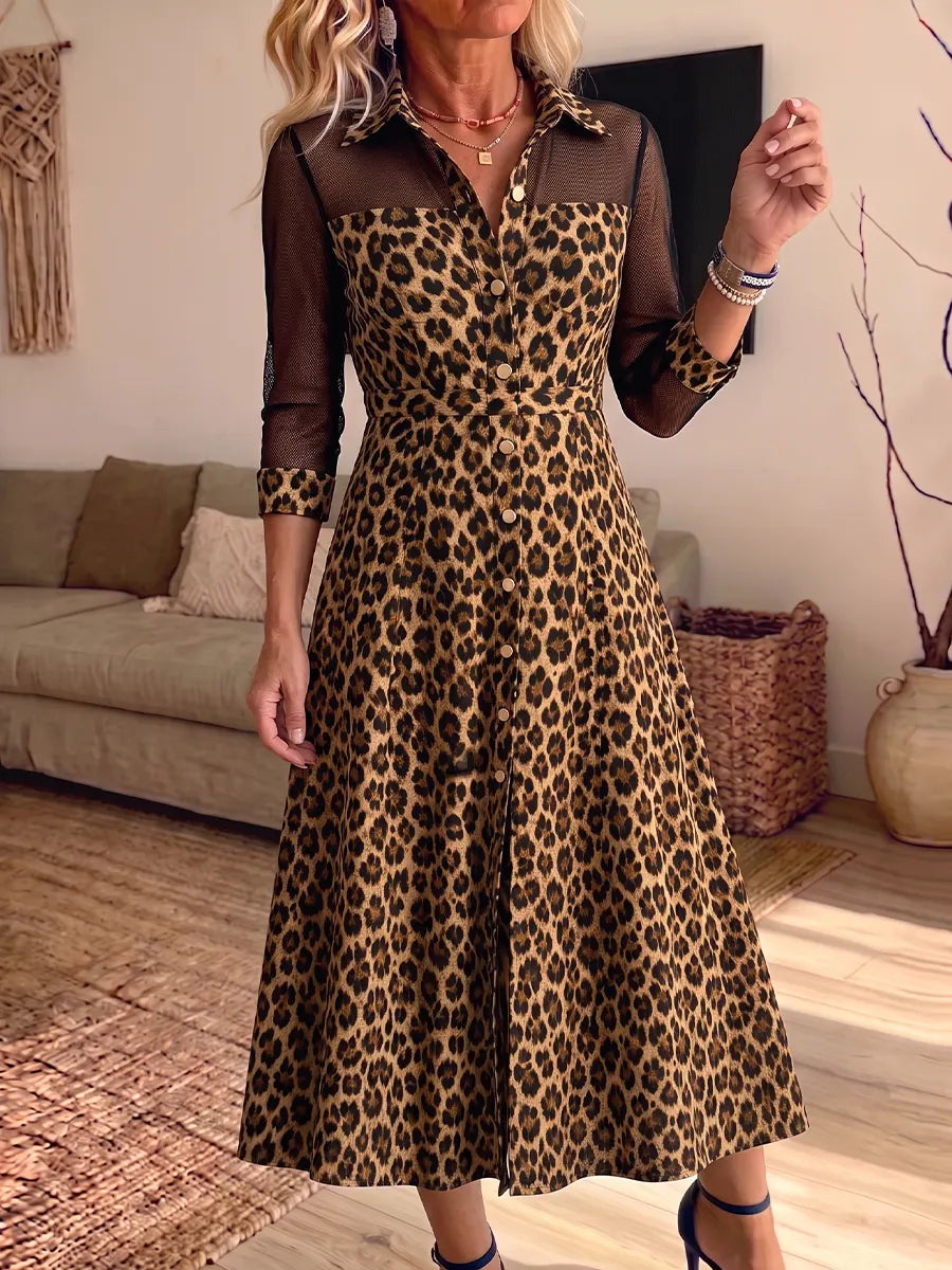 Women's Vintage Elegant Leopard Print Patchwork Sheer Mesh Dress