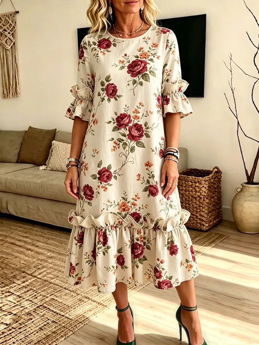 Retro Floral Pattern Art Print Casual Ruffle Stylish Cotton Linen Dress