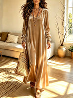 Retro Velvet Art Casual Stylish Round Collar Long Sleeve Long Dress