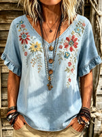 Women's Floral Print Denim Top