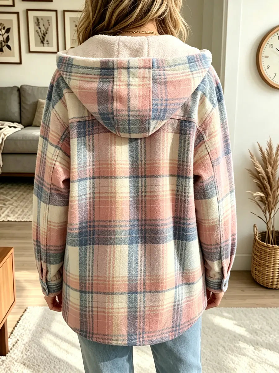 Women's Casual Loose-fit Plaid Hoodie Coat