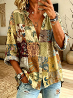 Women’s Vintage Patchwork Botanical Print Ruffle Collar Loose Button Down Blouse