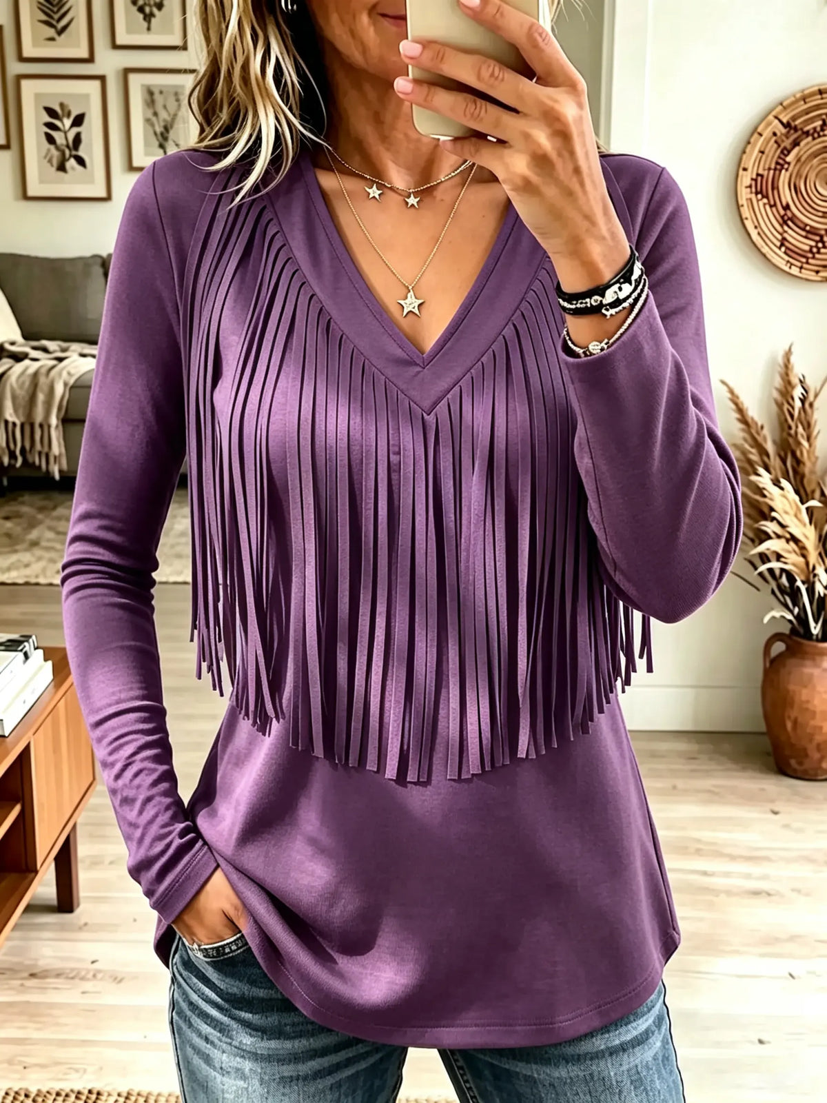 Women's V-Neck Tassel Fringe Long-Sleeve Top